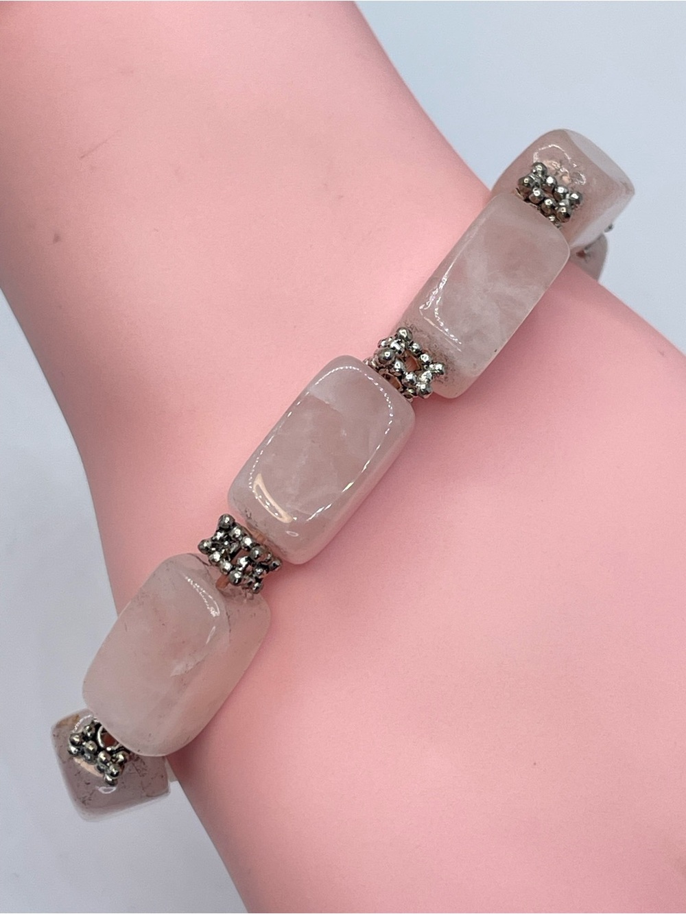 Rose Quartz Pink Gemstone Stretch Bracelet Silver Boho Chic Statement